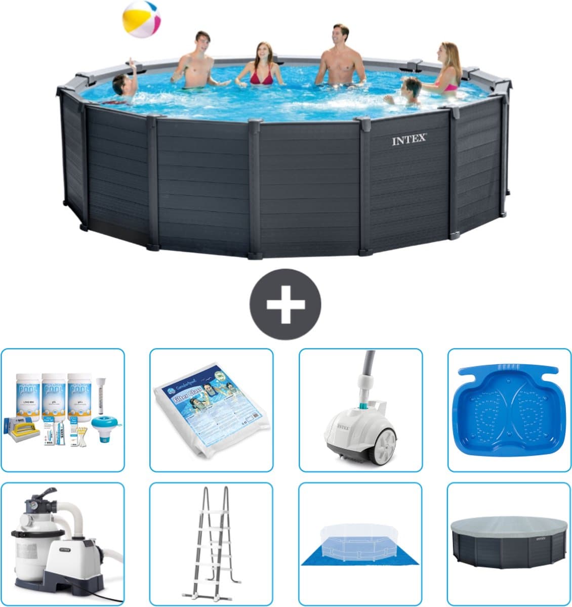 Intex Rond Graphite Gray Panel Zwembad - 478 x 124 cm - Inclusief Pomp - Ladder - Grondzeil - Afdekzeil Onderhoudspakket - Glasparels - Stofzuiger - Voetenbad - Afbeelding 1