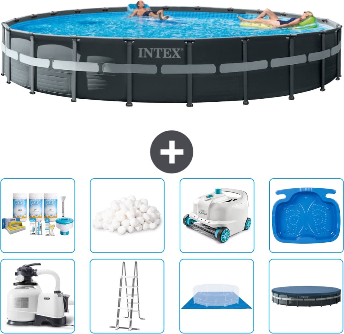 Intex Rond Ultra XTR Frame Zwembad - 732 x 132 cm - Inclusief Pomp - Ladder - Grondzeil - Afdekzeil Onderhoudspakket - Filterbollen - Stofzuiger - Voetenbad - Afbeelding 1