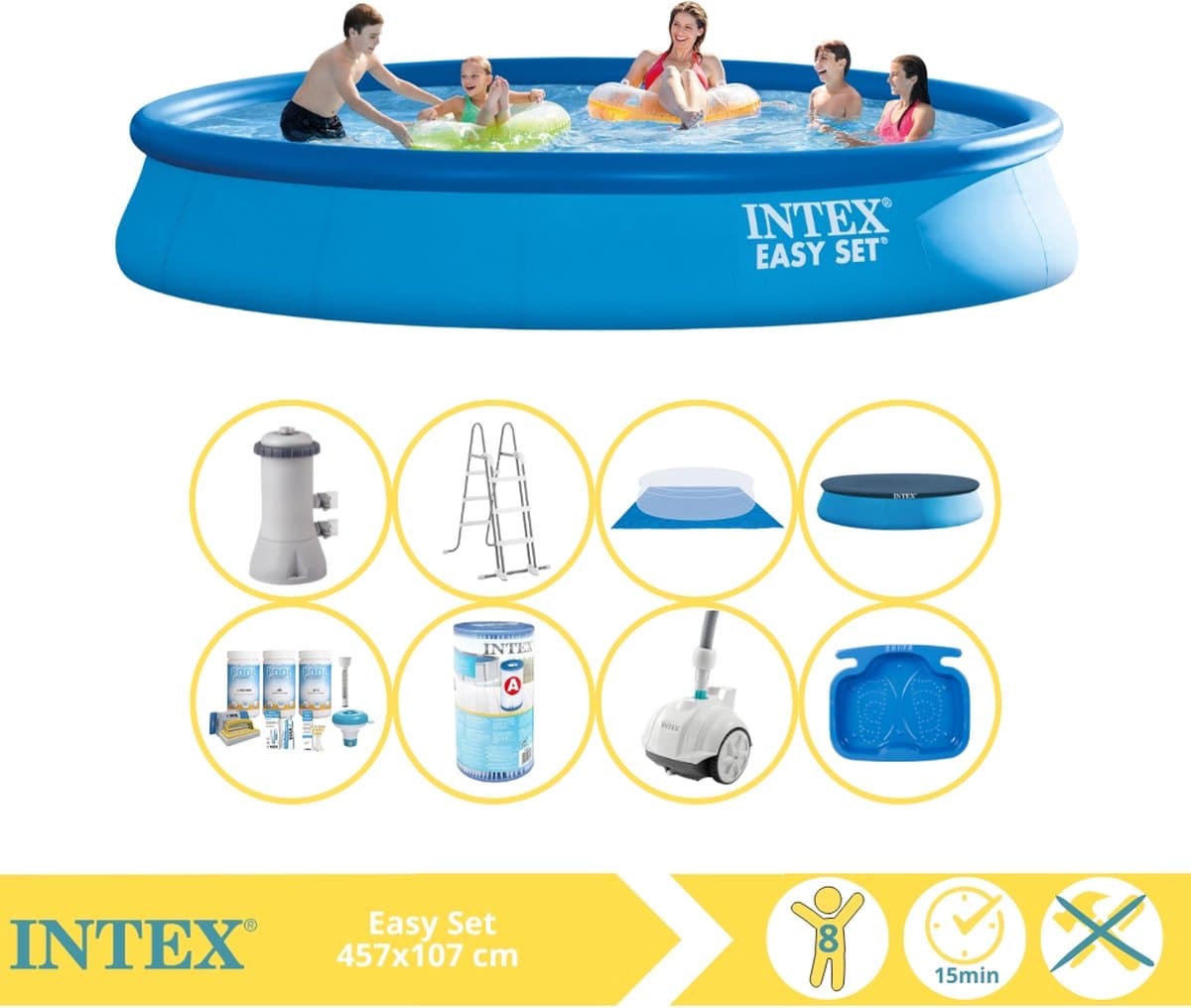 Intex Easy Set Zwembad - Opblaaszwembad - 457x107 cm - Inclusief Onderhoudspakket, Filter, Zwembad Stofzuiger en Voetenbad