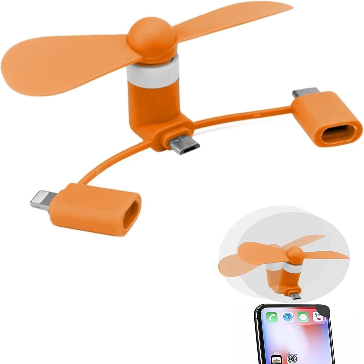 Mini-telefoonventilator, USB-ventilator, 3-in-1 mobiele telefoonventilator, compatibel met iPhone/iPad/Android-smartphone/tablet, micro-USB/type C/Lightning-poort, mini-mobiele telefoon - Afbeelding 1