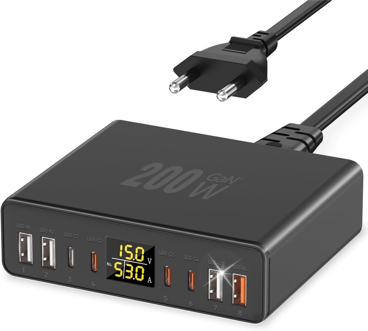 200W USB-C-oplader 8-poorts met LED-display, USB-laadstation GaN Multiport snellader PD QC 3.0 PPS USBC oplaadhub compatibel met iPhone Samsung MacBook laptop tablet, zwart - Afbeelding 1
