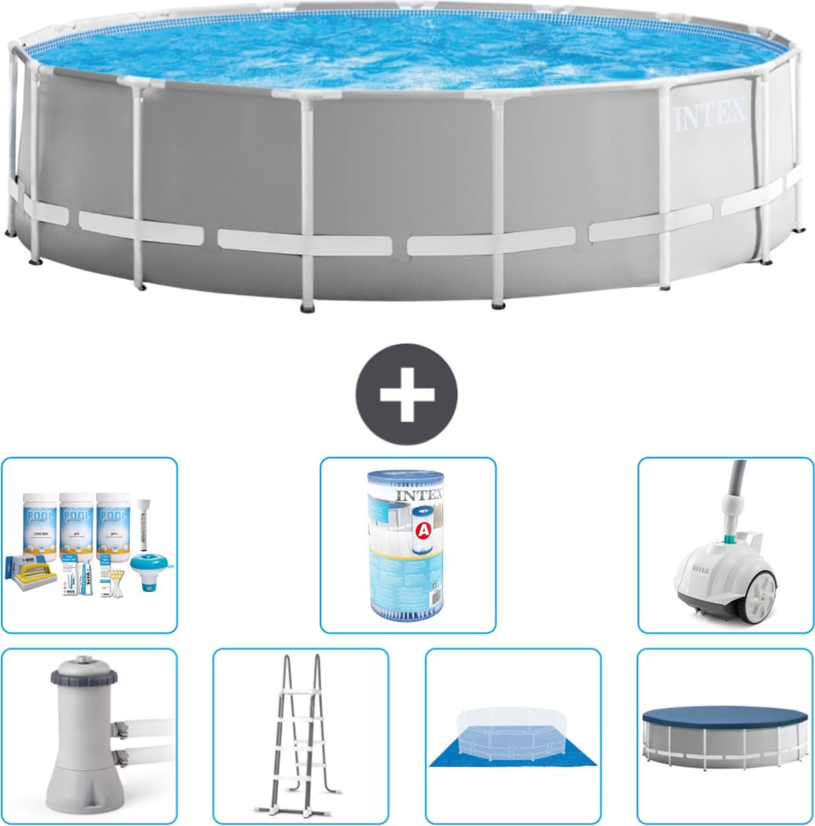 Intex Rond Prism Frame Zwembad - 457 x 122 cm - Grijs - Inclusief Pomp - Ladder - Grondzeil - Afdekzeil Onderhoudspakket - Filter - Stofzuiger - Afbeelding 1