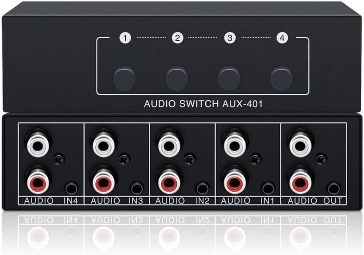 Switch 4-in-1-out RCA verdeler & schakelaar, 3,5 mm Aux-splitter, passieve stereo luidsprekerschakelaar voor hoofdtelefoon, tv, pc (RCA/cinch-splitter)