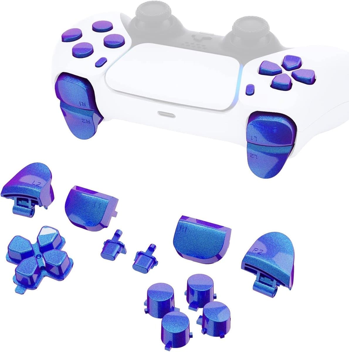 eXtremeRate Buttons Knop Vervangende D-pad R1 L1 R2 L2 Triggers Share Opties Gezichtsknoppen voor ps5 Controller BDM-010/020,Aangepaste Volledige Set Knoppen Reparatiesets - Kameleon Paars Blauw - Afbeelding 1