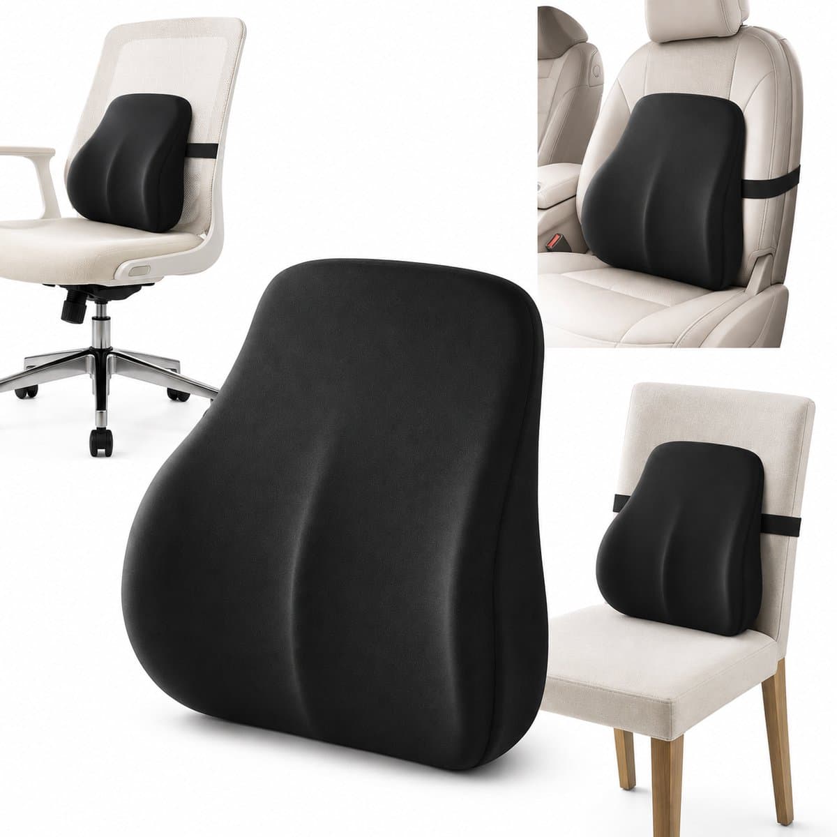 Auto Lendensteun Memory Foam - Ergonomisch Rugkussen en Rugsteun voor Autostoel en Bureaustoel - Zwarte Lendenkussen tegen Rugpijn - Afbeelding 1