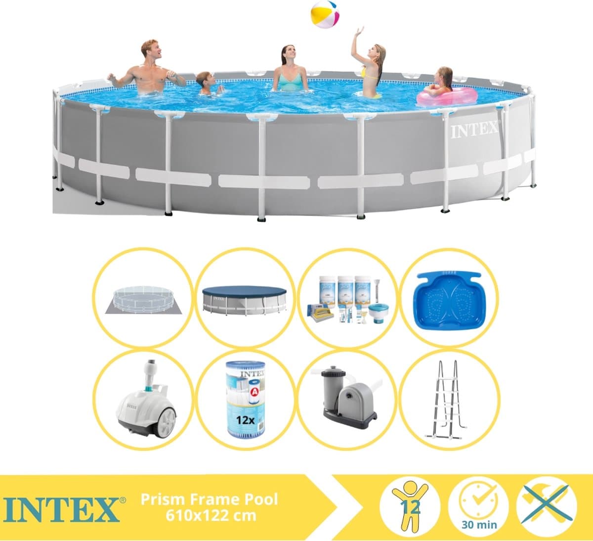 Intex Prism Frame Zwembad - Opzetzwembad - 610x122 cm - Inclusief Onderhoudspakket, Filter, Zwembad Stofzuiger en Voetenbad - Afbeelding 1