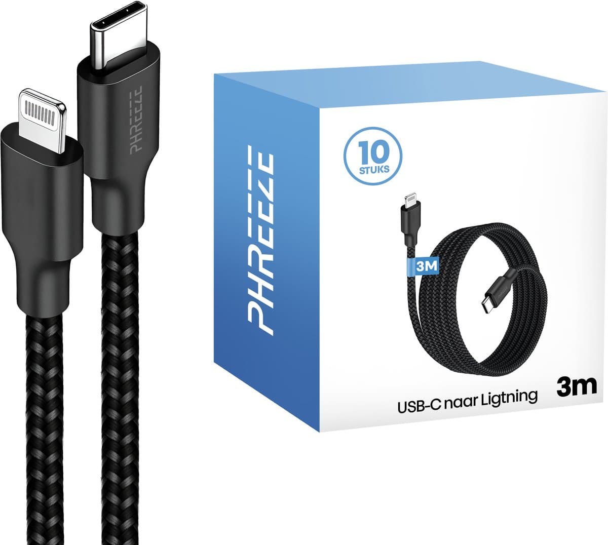 Grootverpakking geschikt voor iPhone kabels - 3m, 20w, 480mbps, nylon gevlochten, zwart - Phreeze - Afbeelding 1
