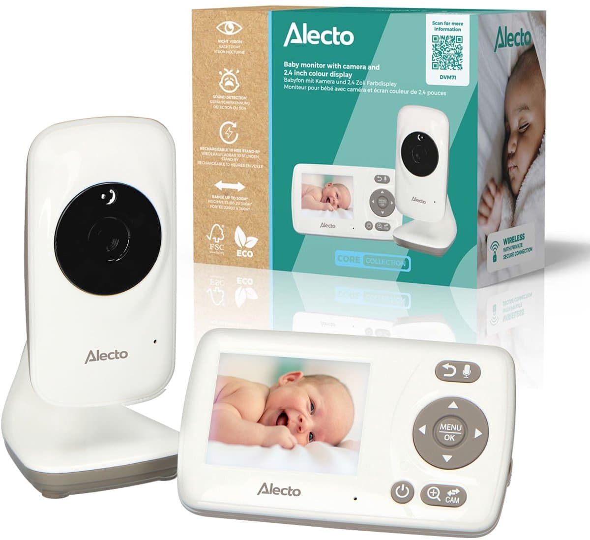Alecto Babyfoon met Camera - DVM71 - Nieuwe versie - Nachtzicht - Energiebesparend en uitbreidbaar - Wit - Afbeelding 1