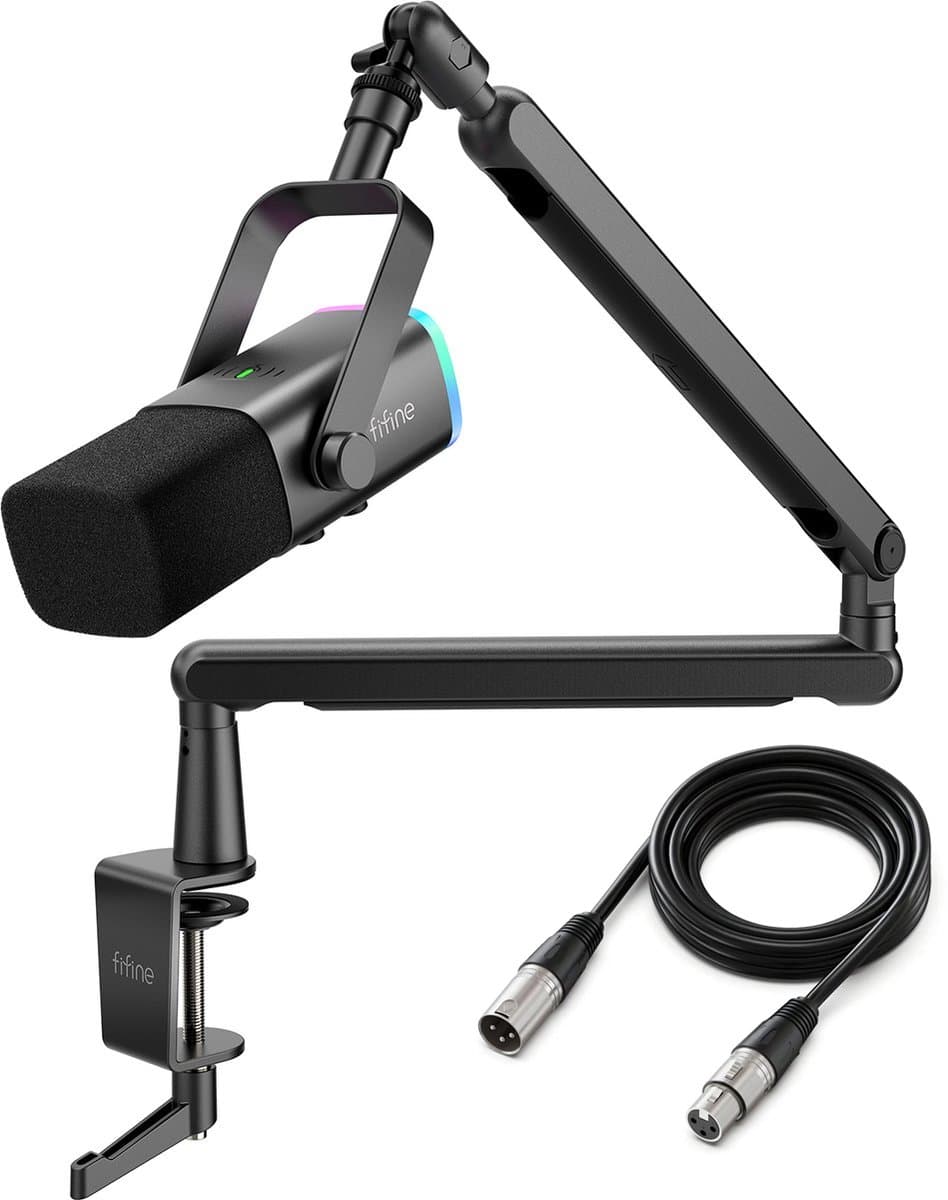 FIFINE TAM8 XLR - USB / XLR Studio microfoon - Flexibele Arm ( BM88 ) - Met kabelgoot - Geschikt voor PC/PS4/PS5 - RGB - Podcast - Gaming - Streaming - Zwart - Afbeelding 1