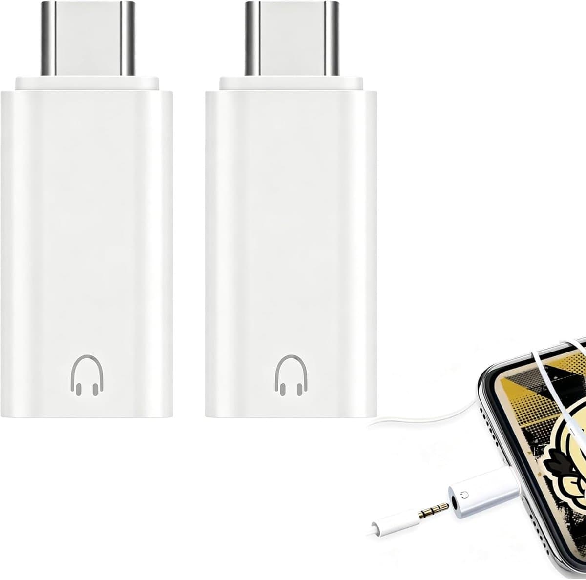 2 stuks USB C naar 3,5 mm audio, adapter USB C, type C naar hoofdtelefoon 3,5 mm Aux jack, plug & play adapter USB C naar jack voor iPhone 16/15, Galaxy S24/S23, iPad Pro, MacBook, wit - Afbeelding 1