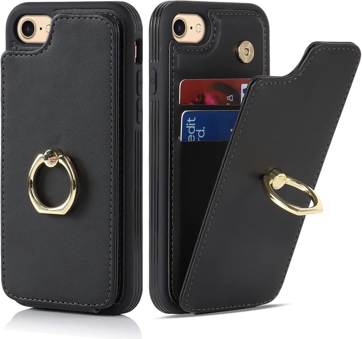 Telefoonhoesje compatibel met iPhone 7/8/SE 2020/SE 2022 hoesje met kaarthouder, flip folio lederen portemonneehoesje, ringstandaard schokbestendig beschermhoesje - zwart - Afbeelding 1