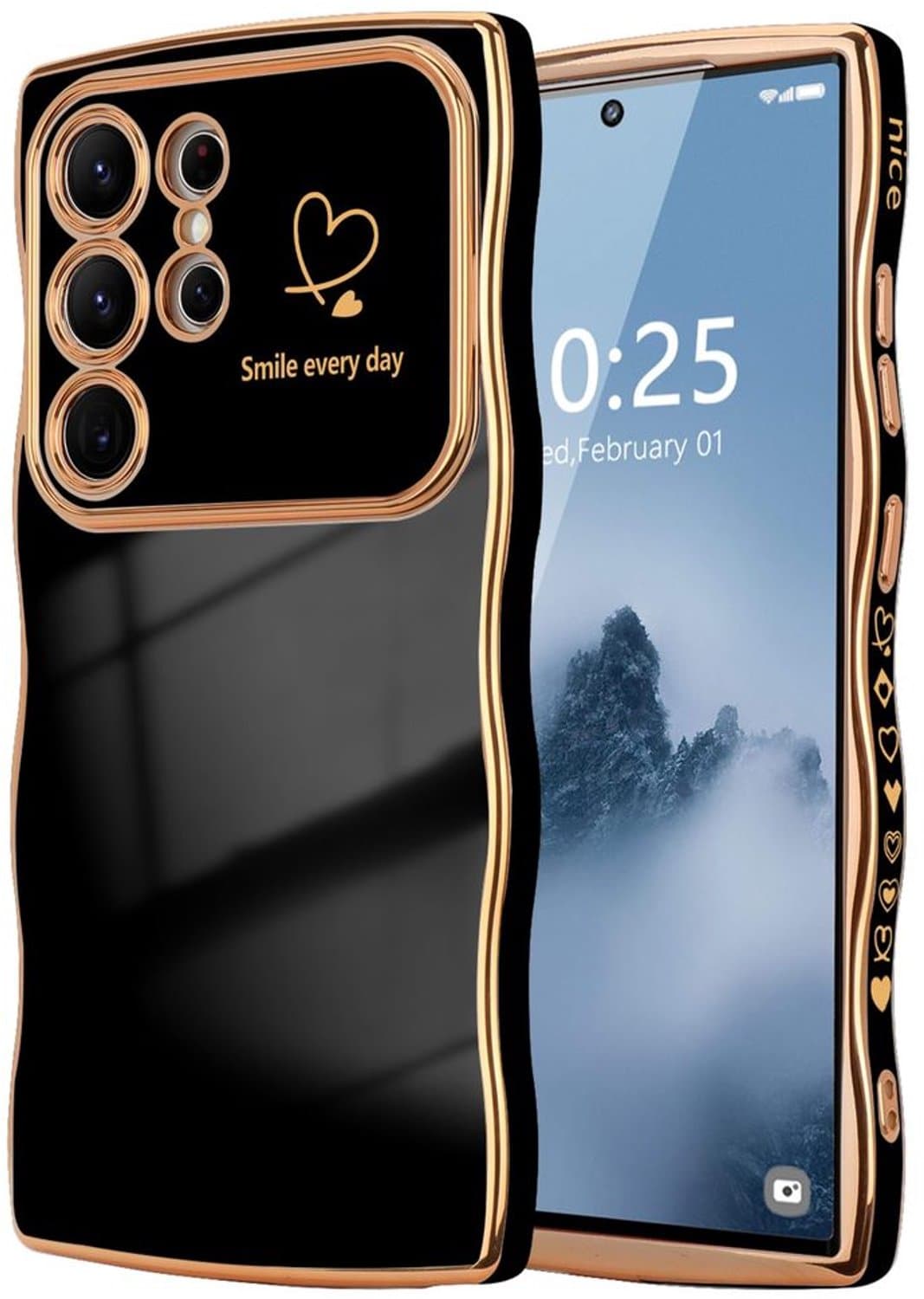 Samsung Galaxy S24 Ultra Hoes met Hart Motief en Camera Bescherming Zwart - Afbeelding 1