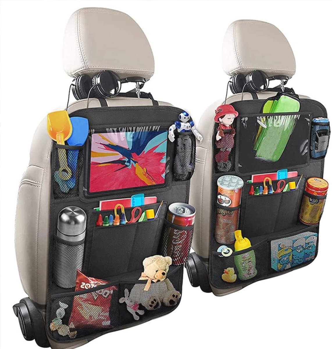 Auto Achterbank Organizer voor Kinderen - 2 Stuks - Waterdicht met 10 Vakken en iPad Vak - Zwart - Afbeelding 1