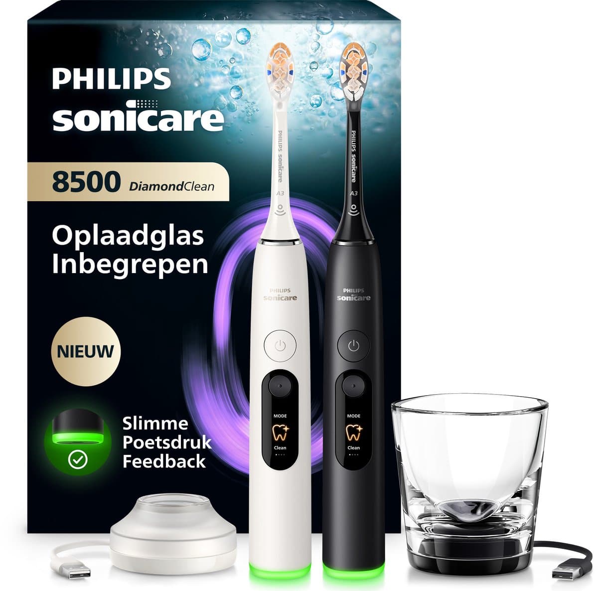 Philips Sonicare Next-Generation DiamondClean 8500 Duo Pack Elektrische Tandenborstels – met Smart Pressure Feedback en 18 Poetsinstellingen, Wit & Zwart, HX8596/21 - Afbeelding 1