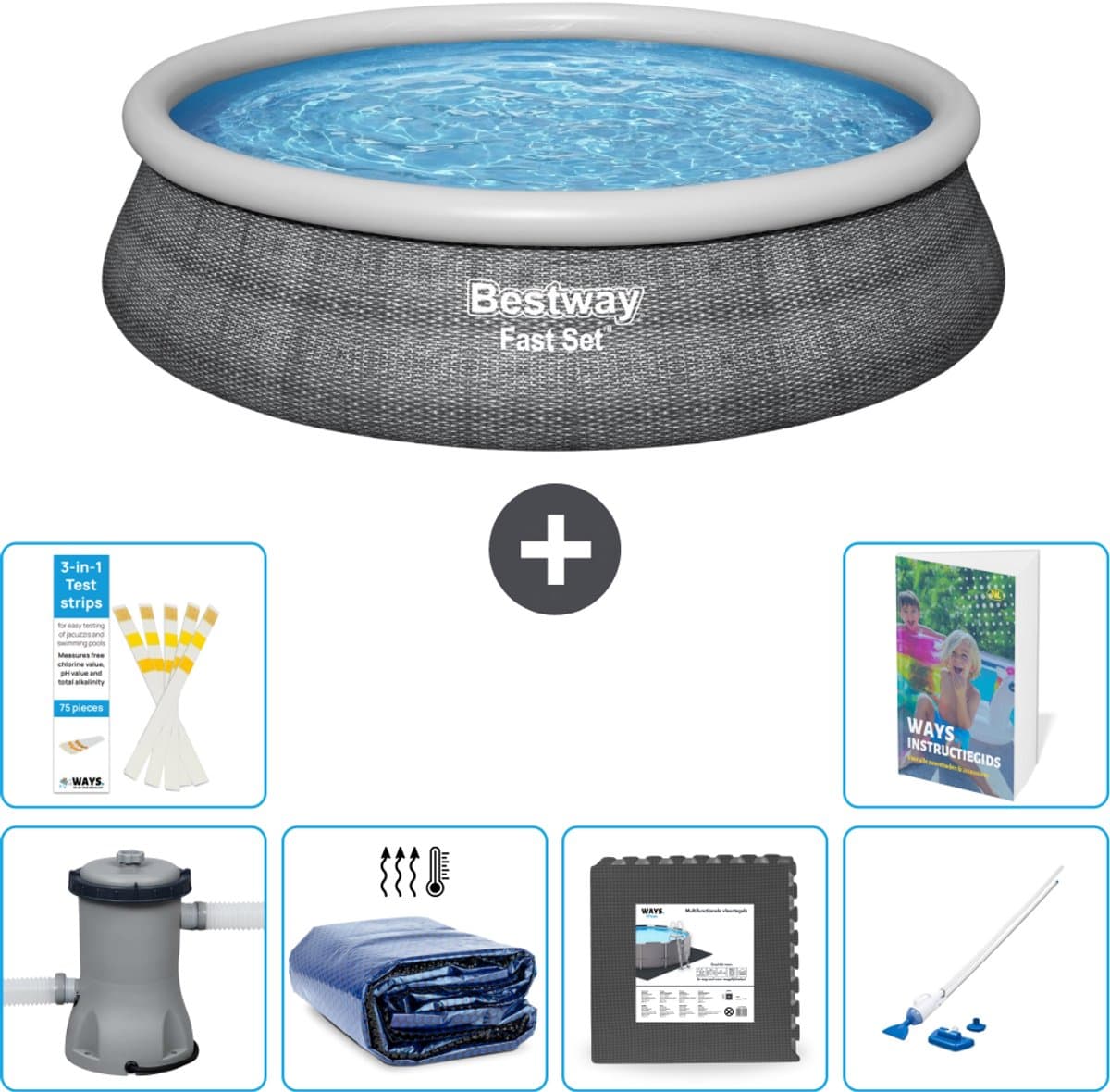 Bestway Rond Opblaasbaar Fast Set Zwembad - Rotanprint - 457 x 84 cm - Inclusief Pomp - Solarzeil - Vloertegels - Stofzuiger - 7-delig - Afbeelding 1