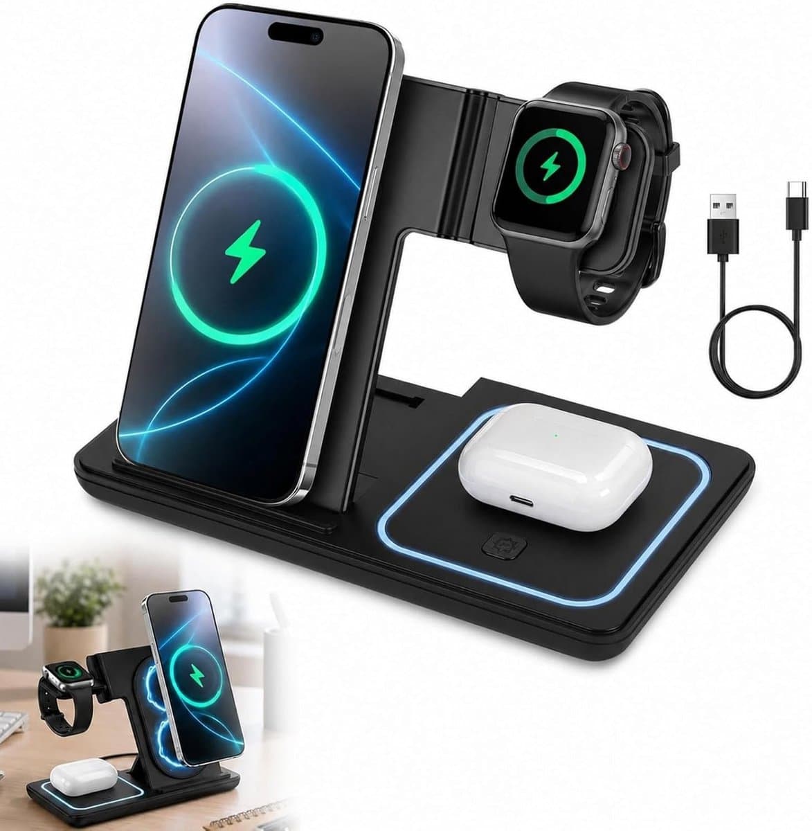 Inklapbare 3-in-1 draadloze oplader voor iPhone, Apple Watch en AirPods - Snelladen, Compact, Multifunctioneel - Afbeelding 1