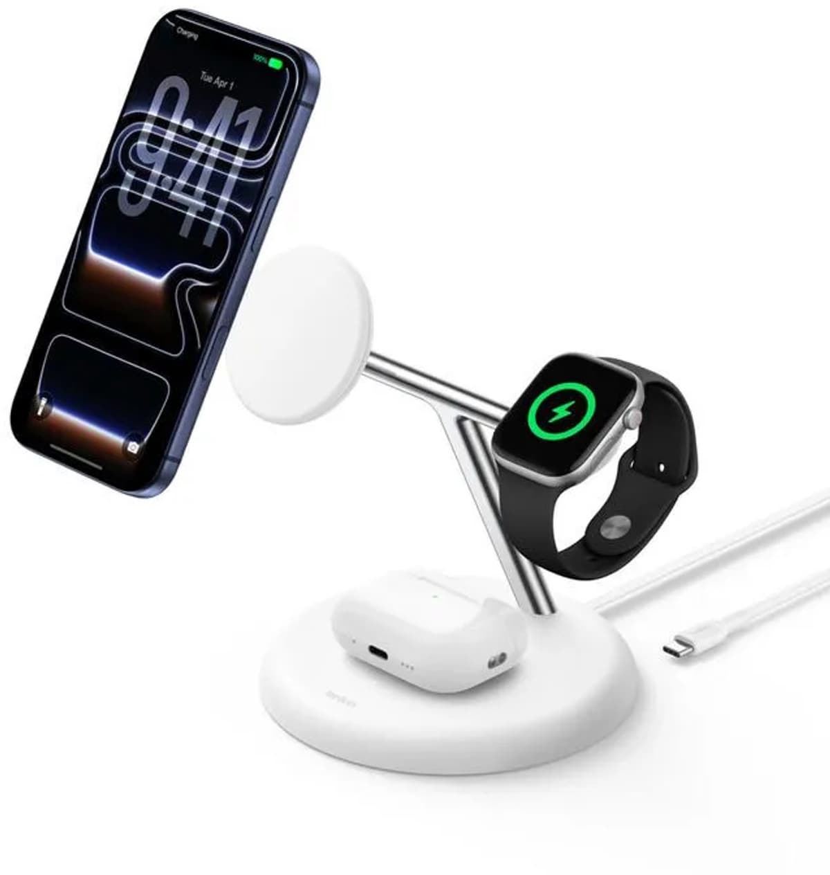 Belkin UltraCharge 3-in-1 Draadloze Laadstandaard – Qi2 25W – MagSafe-compatibel – Apple Watch en AirPods – 45W Adapter – Wit - Afbeelding 1