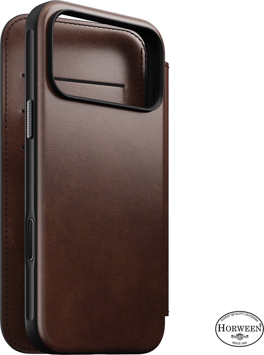 Nomad Modern Horween Lederen Folio Hoesje – Geschikt voor iPhone 18 Pro Max – Gemaakt van hoogwaardig Horween leder – Ruimte voor 3 kaarten en geld – MagSafe compatible - Bruin - Afbeelding 1