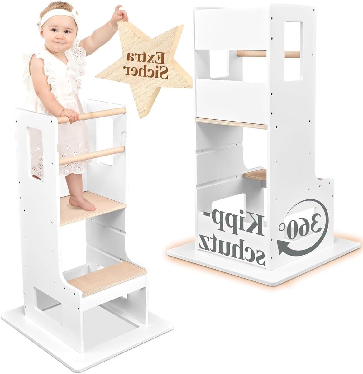 Woody Star® Learning Tower for Kids from 1 Year and Above – 360° Tilt Protection, Height Adjustable Montessori Step Stool for Children, Leather Chair, White Square - Afbeelding 1