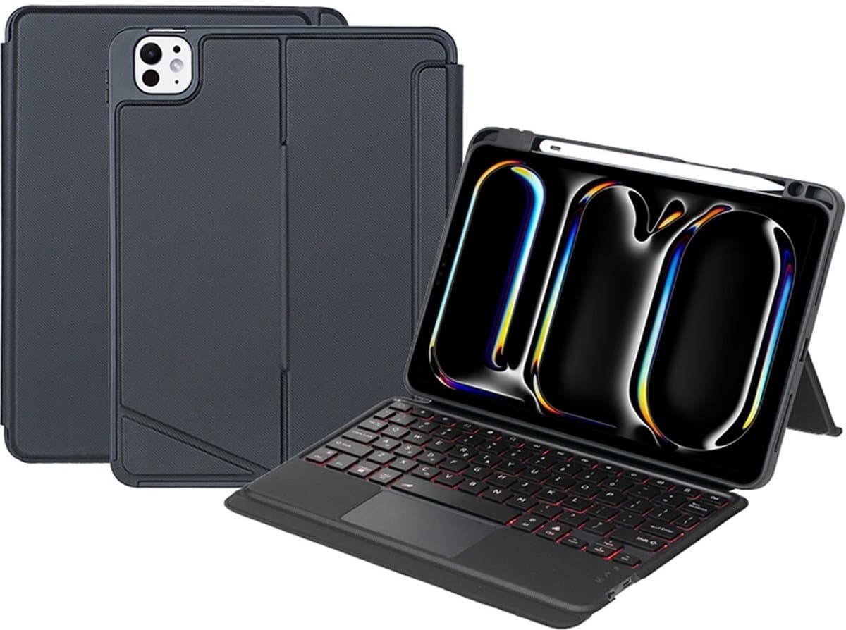 Mobigear Tablethoes geschikt voor Apple iPad Pro 11 Inch (2025) Hoes | Mobigear Detachable Rotating QWERTY Bluetooth Toetsenbord Bookcase + Stylus Houder - Zwart - Afbeelding 1