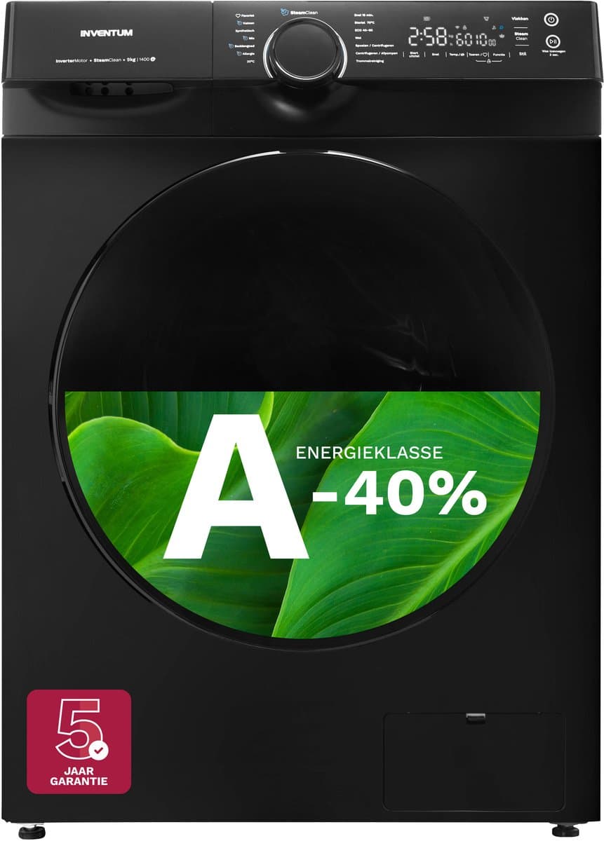 Inventum VWM9010B Wasmachine - 9kg - 1400 toeren - Energielabel A-40% - Stoomfunctie - Zwart - Afbeelding 1