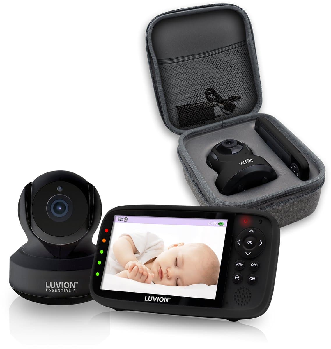 LUVION® Essential 2 Black Babyfoon + Protection Case – Babyfoon met Camera – Uitbreidbaar tot 4 Baby Camera's - Afbeelding 1