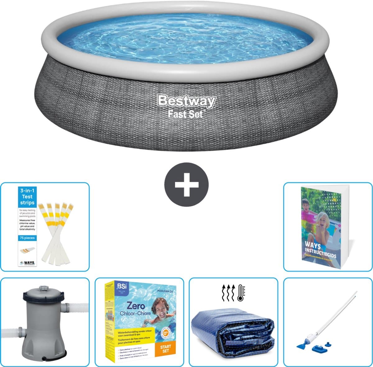 Bestway Rond Opblaasbaar Fast Set Zwembad - Rotanprint - 457 x 84 cm - Inclusief Pomp - Onderhoudspakket - Solarzeil - Stofzuiger - 7-delig - Afbeelding 1