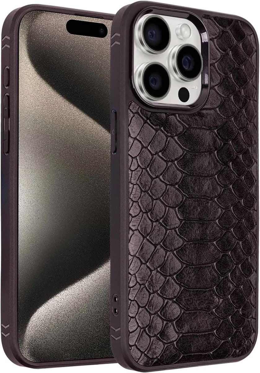 Lederen hoes voor iPhone 15 Pro Max - echt leer, compatibel MagSafe & draadloos opladen, Easy Click-knoppen en Oeps-bestendig ontwerp (zwart) - Afbeelding 1