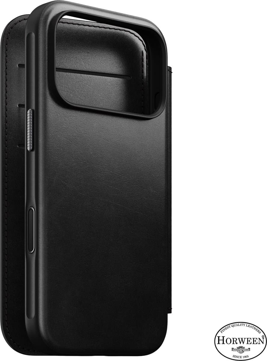 Nomad Modern Horween lederen folio iPhone 18 Pro – Ontwikkelt robuust patina – 3 kaartsleuven & 1 geldvakje – Compatibel met MagSafe & Qi2 opladen - Zwart - Afbeelding 1