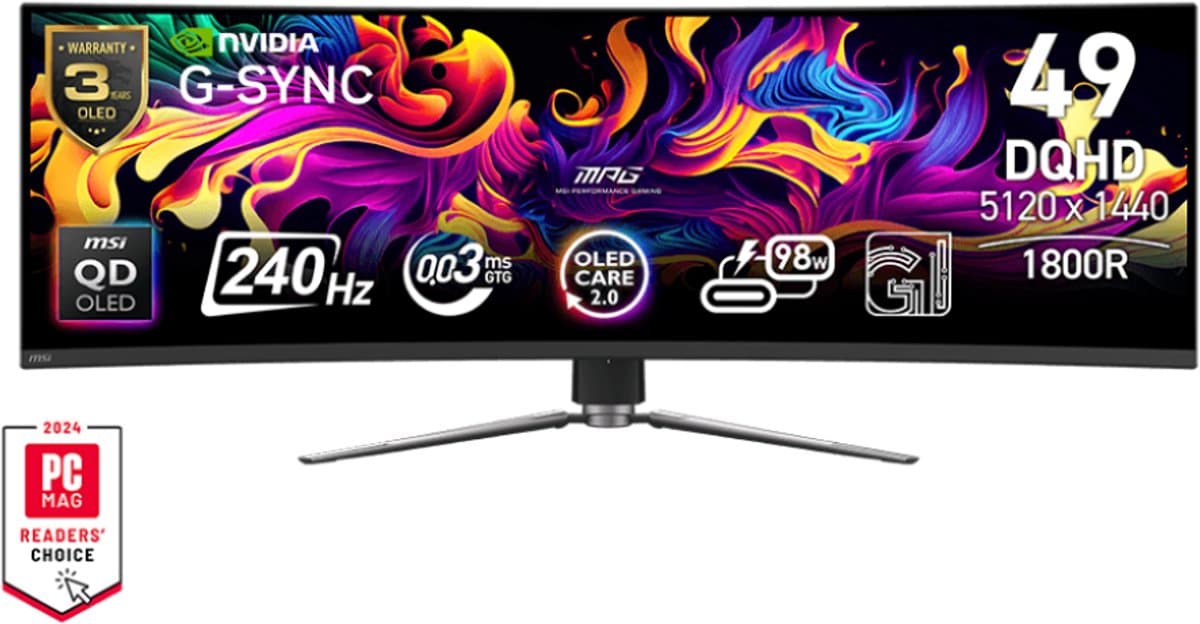 MSI MPG 491CQPX QD-OLED - QD-OLED Curved Ultrawide Gaming Monitor - 240 Hz - 0.03 ms - USB-C PD 98W - Afbeelding 1