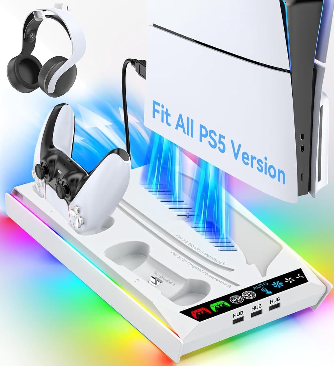 Houder voor disc en digitaal, koelstation met automatische 3-traps ventilator, Playsatation 5 controllersokkel voor PS5 en Edge, accessoires PS 5 - Afbeelding 1