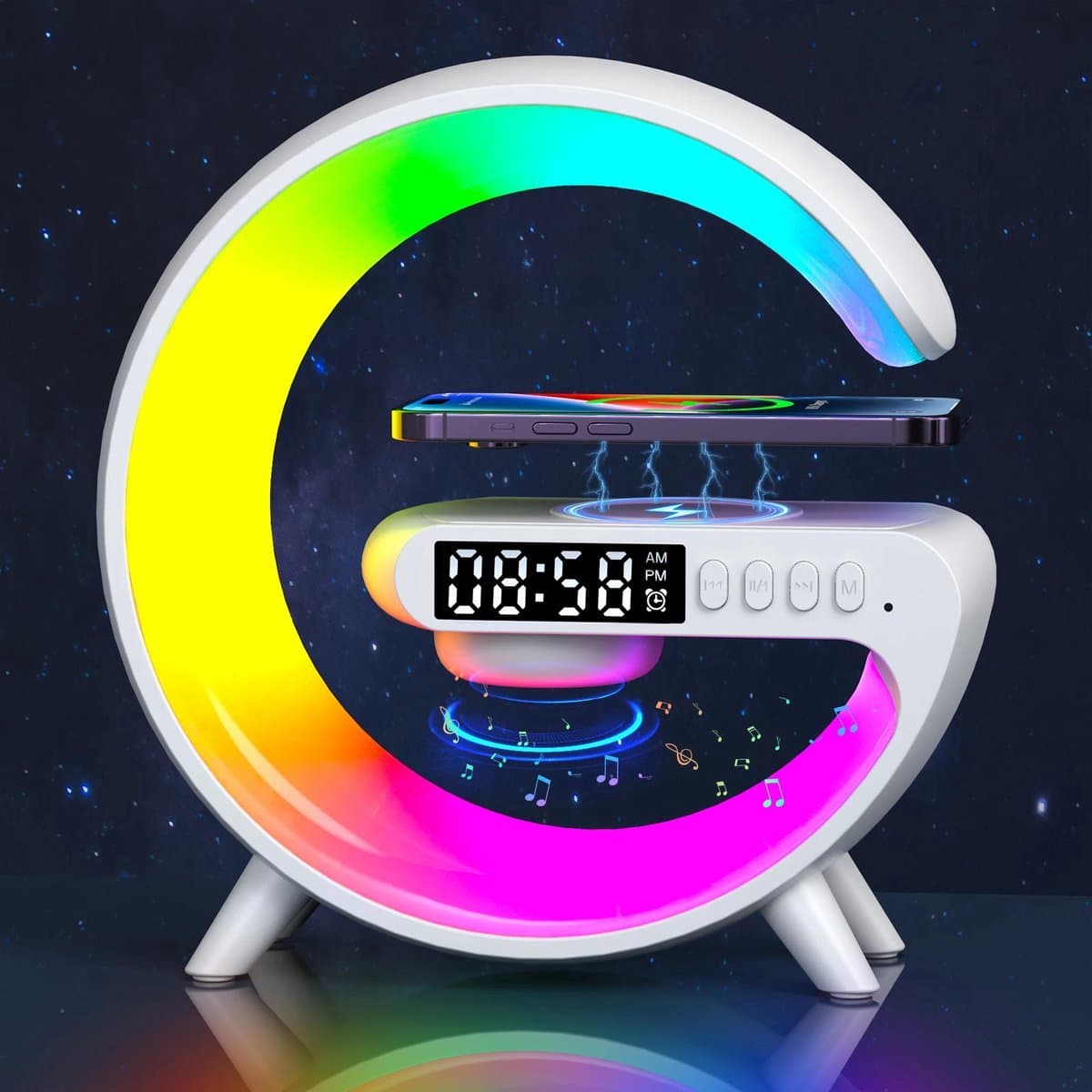 Multifunctionele Wekker LED-Lamp - Wit - Draadloos Opladen Speaker Licht Led Wekker Display SD kaart input IPhone Samsung Met Draadloze Oplader - Digitale Wekker - Lichtwekker - Bureaulamp - LED Light - Bluetooth Speaker - Afbeelding 1