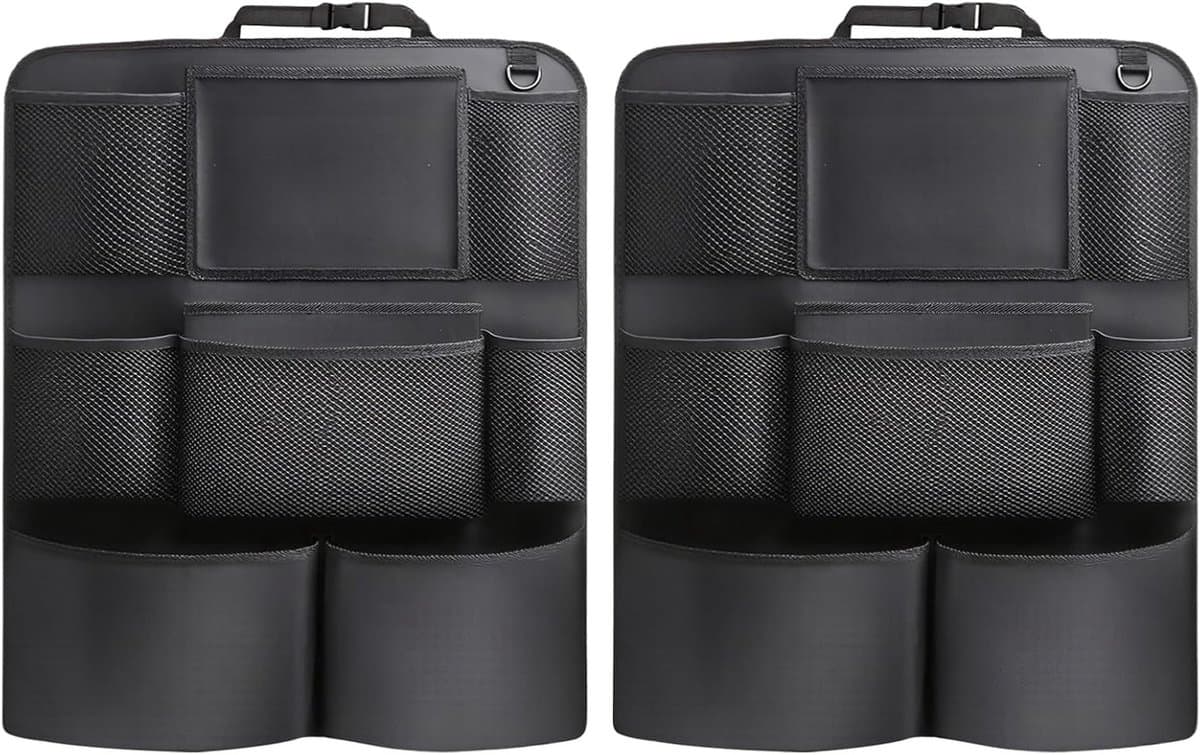 Multifunctionele autostoel-rugleuning-opbergtas in zwart met 9 vakken en bekerhouder voor iPad en accessoires, 2 stuks - Afbeelding 1