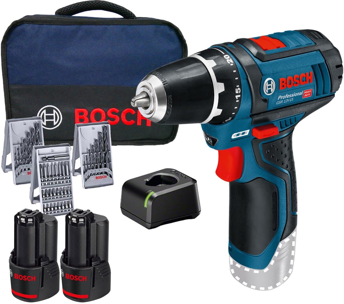 Bosch Professional Accu schroefboormachine GSR 12V-15 (2x 2,0Ah + lader AL 1115 CV + 39 accessoires + toolbag) - Afbeelding 1