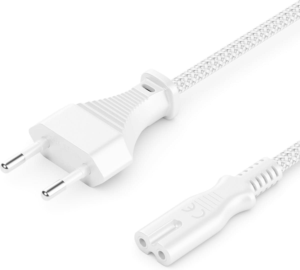 deleyCON 2m Power Cable Power Cable Euro Plug Type C to C7 (Nylon Cable) Euro Cable Flat Plug 2.5A for C8 Bus TV, Soundbar, PS4, PS5, Power Supplies, Small Appliances Etc. - White - Afbeelding 1