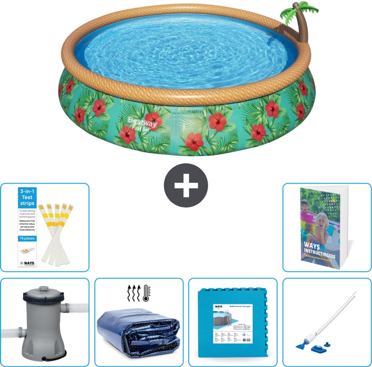 Bestway Rond Opblaasbaar Fast Set Zwembad - Paradijsprint - 457 x 84 cm - Inclusief Pomp - Solarzeil - Vloertegels - Stofzuiger - 7-delig - Afbeelding 1