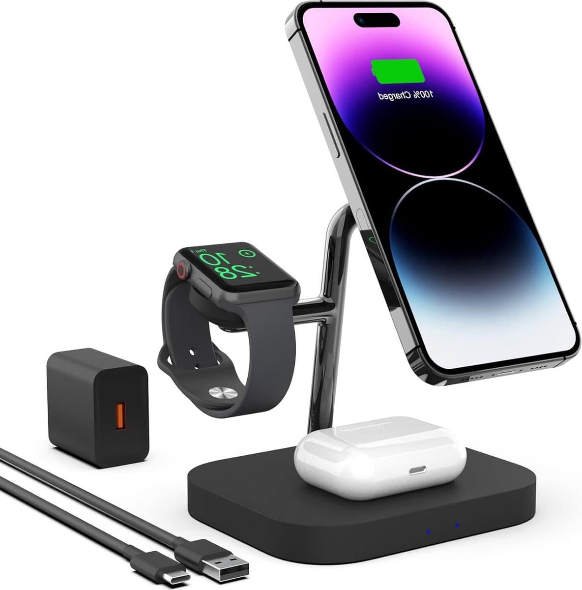 3-in-1 Wireless Charging Pad for iPhone 13 Pro Max - Compatible with Apple Watch 6/SE - AirPods Pro - Magnetic Design - 18W Adapter Included - Afbeelding 1