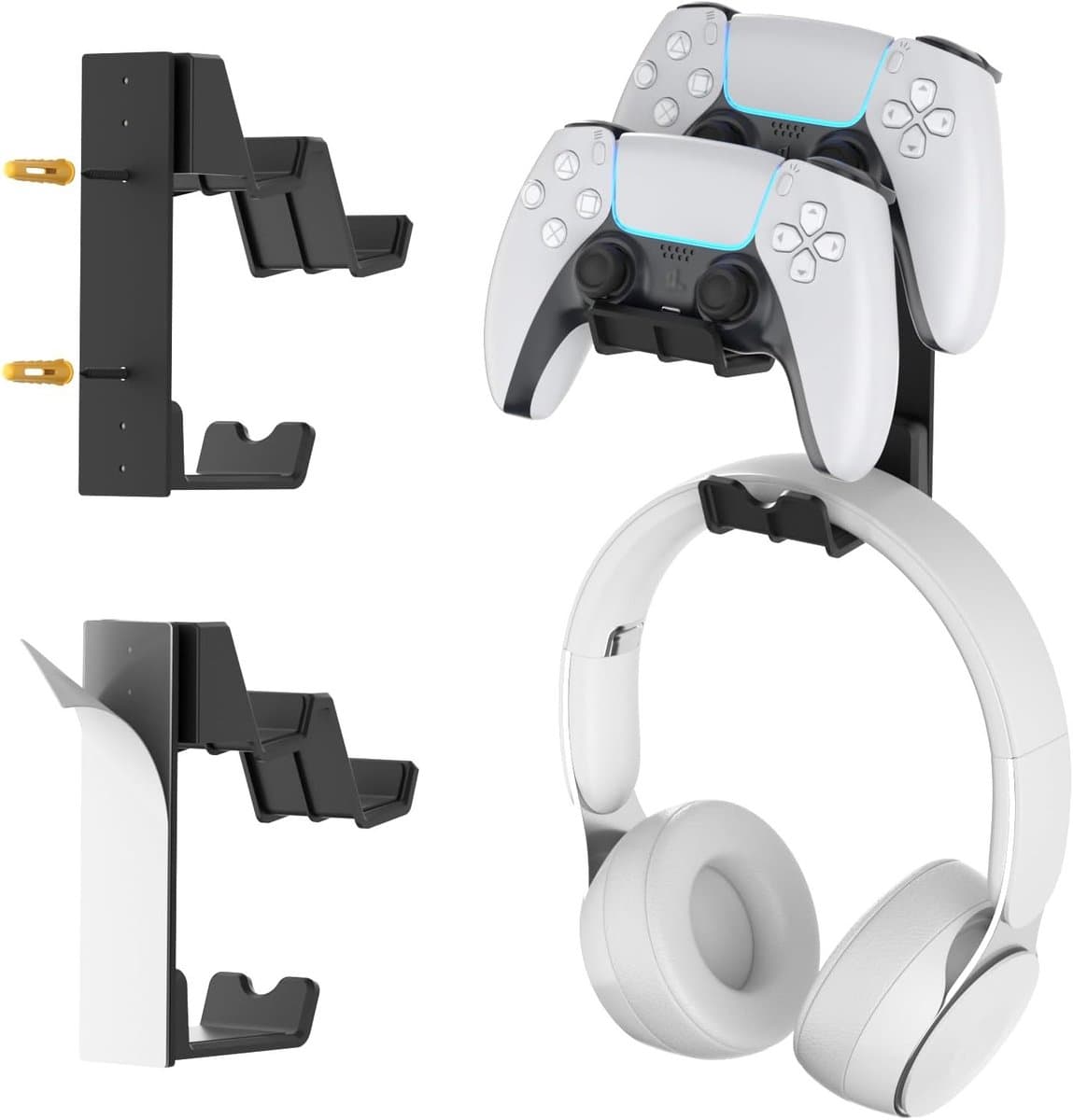 Dual Controller en Hoofdtelefoon Houder Wandmontage - Gaming Headset Hanger voor Xbox, PS5, Switch en PC Accessoires met Lijm of Schroeven Installatie - Afbeelding 1