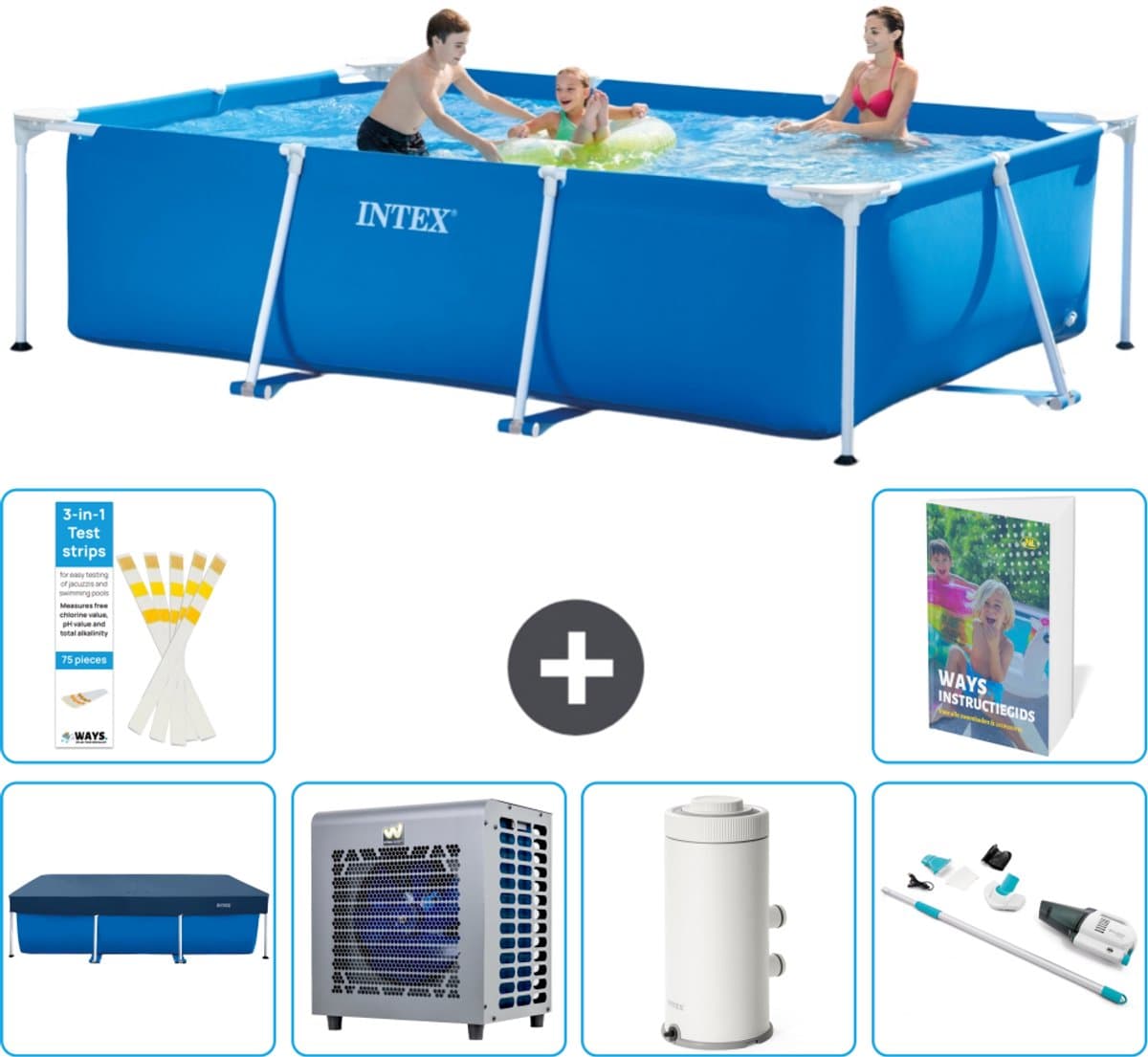Intex Rechthoekig Frame Zwembad - 300 x 200 x 75 cm - Blauw - Inclusief Afdekzeil - Warmtepomp - Zwembadfilterpomp - Stofzuiger - 7-delig - Afbeelding 1
