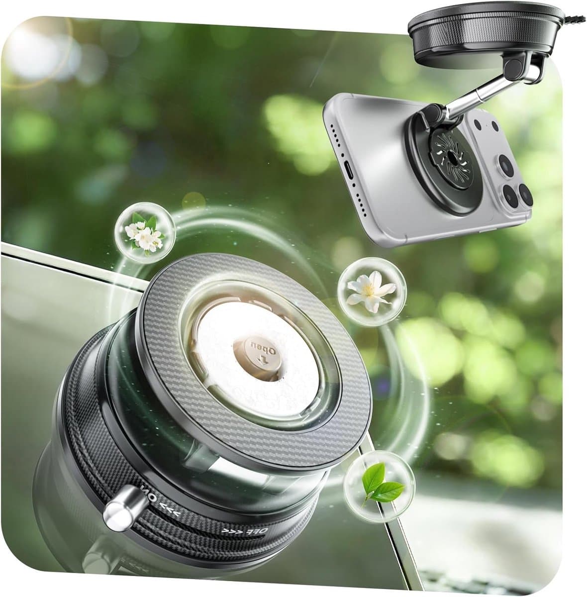 2-in-1 Auto Aroma Diffuser en Magnetische Telefoonhouder, Ultra-Suction Cup Bevestiging voor MagSafe iPhone 17/16/15/14/13, 360° Verstelbaar voor Dashboard en Aromatherapie - Afbeelding 1