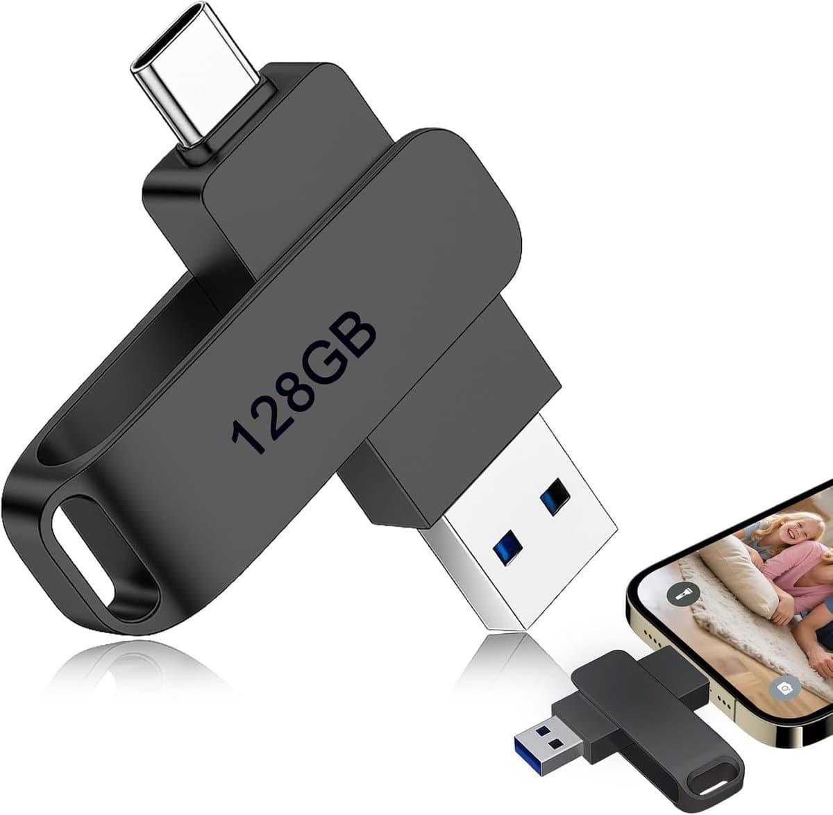 C Stick 128GB Geheugenstick 2 In 1 Dual Type C En USB 3.0, Flash Drive Metaal Draaibaar OTG Hoge Snelheid, Fotostick Externe Opslag Compatibel Met iPhone 15 16 Android PC Tablet Laptop - Afbeelding 1