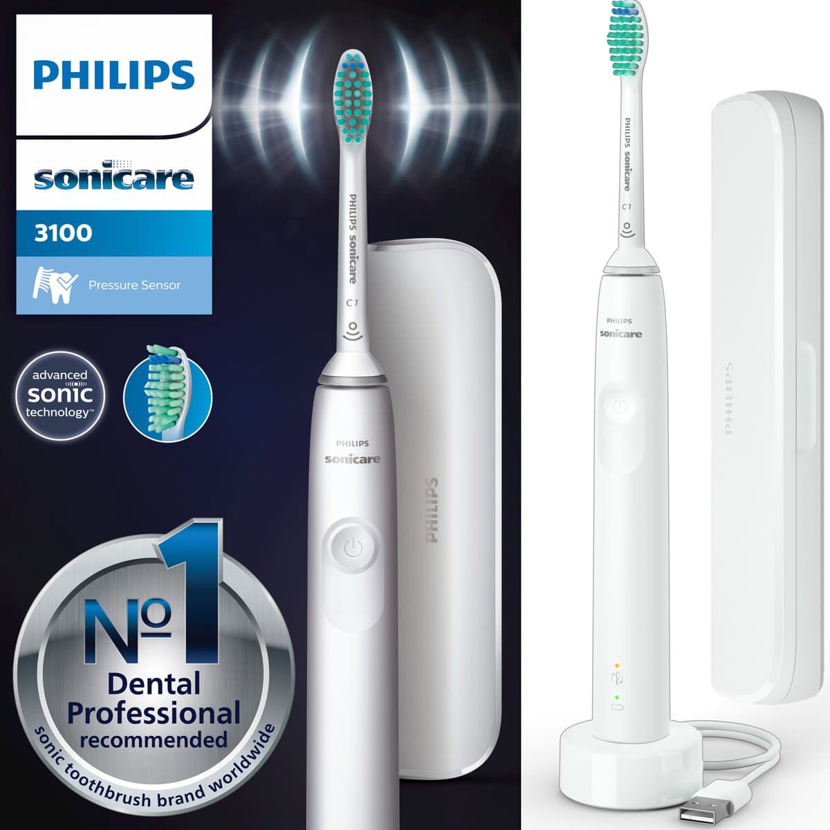 Philips Sonicare Series 3100 - Elektrische tandenborstel - Wit - met reisetui - HX3673/13 - Afbeelding 1