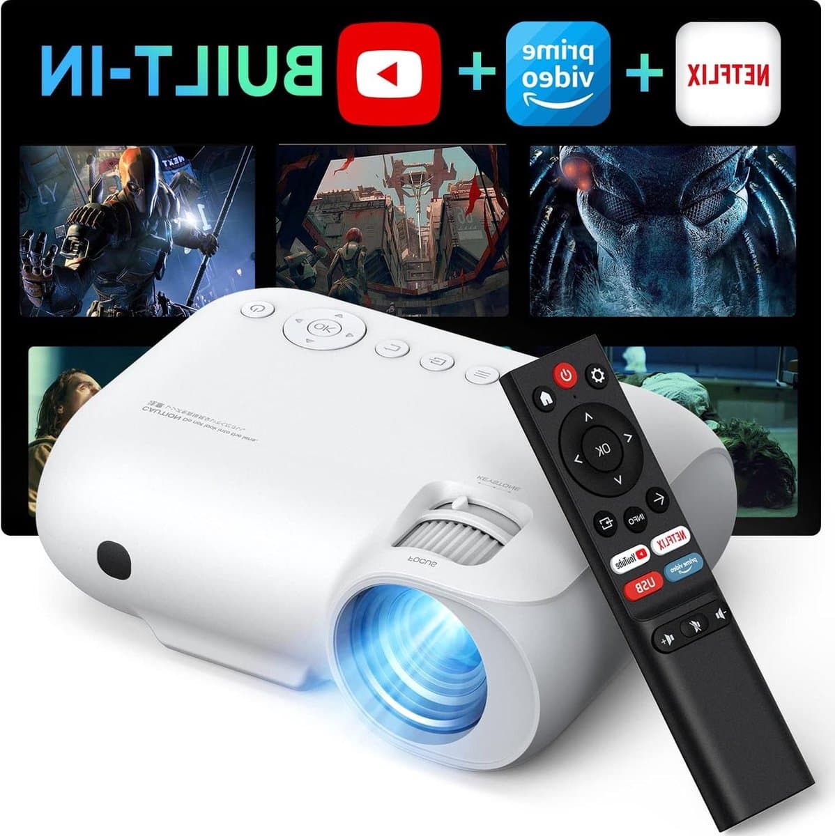 Beamerscherm 4K WiFi Bluetooth 450 ANSI-lumen - ingebouwde 1080P Full HD-compatibele projector - Netflix - Prime Video - YouTube - Y9-thuisbioscoopprojector - Fire Stick - smartphone - PS5 Beamerscherm - Afbeelding 1