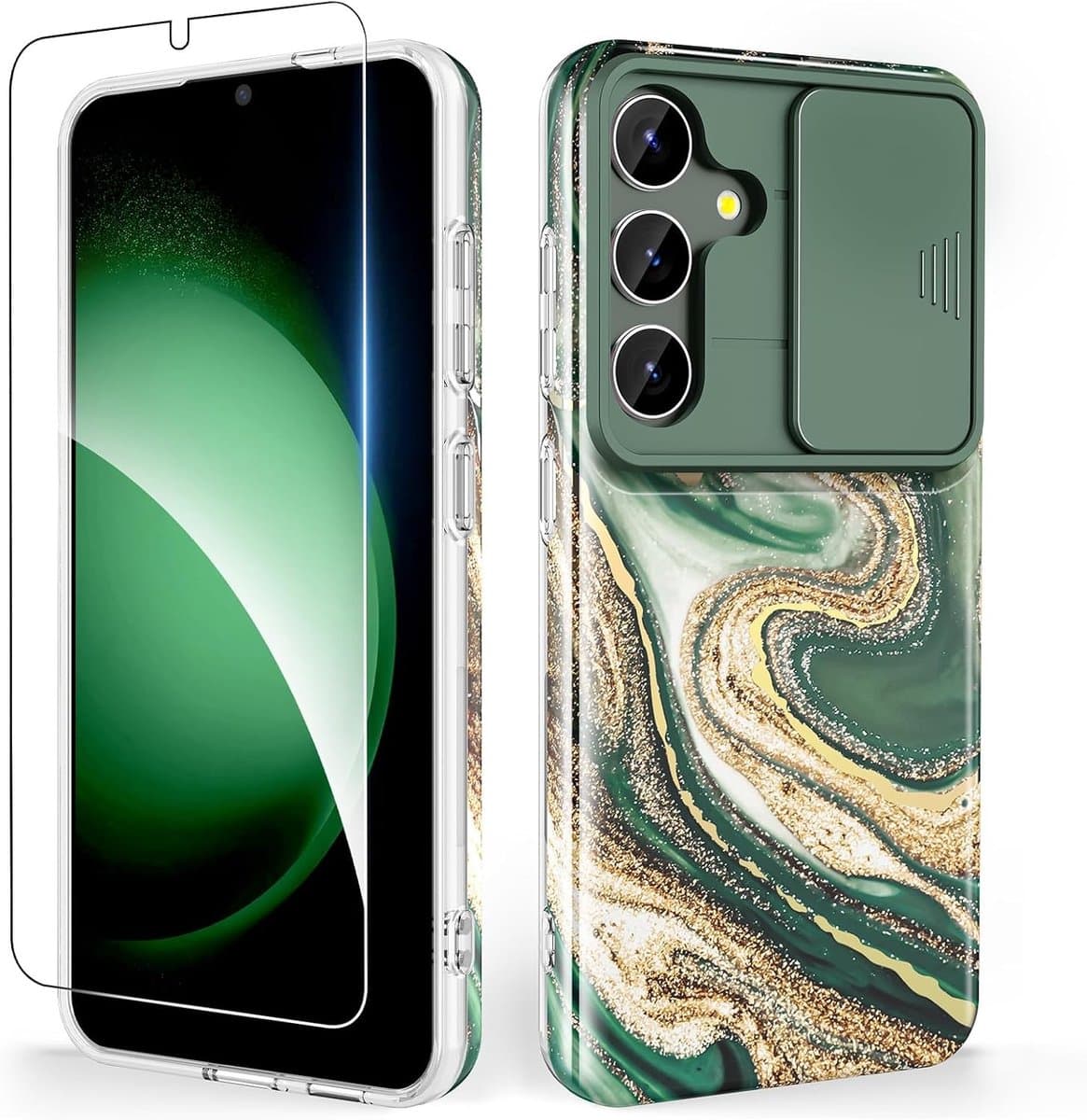 Samsung Galaxy S25 Hoesje met Schuifbare Camera en Screen Protector, Schokbestendig en Krasbestendig TPU in Zandgroen - Afbeelding 1