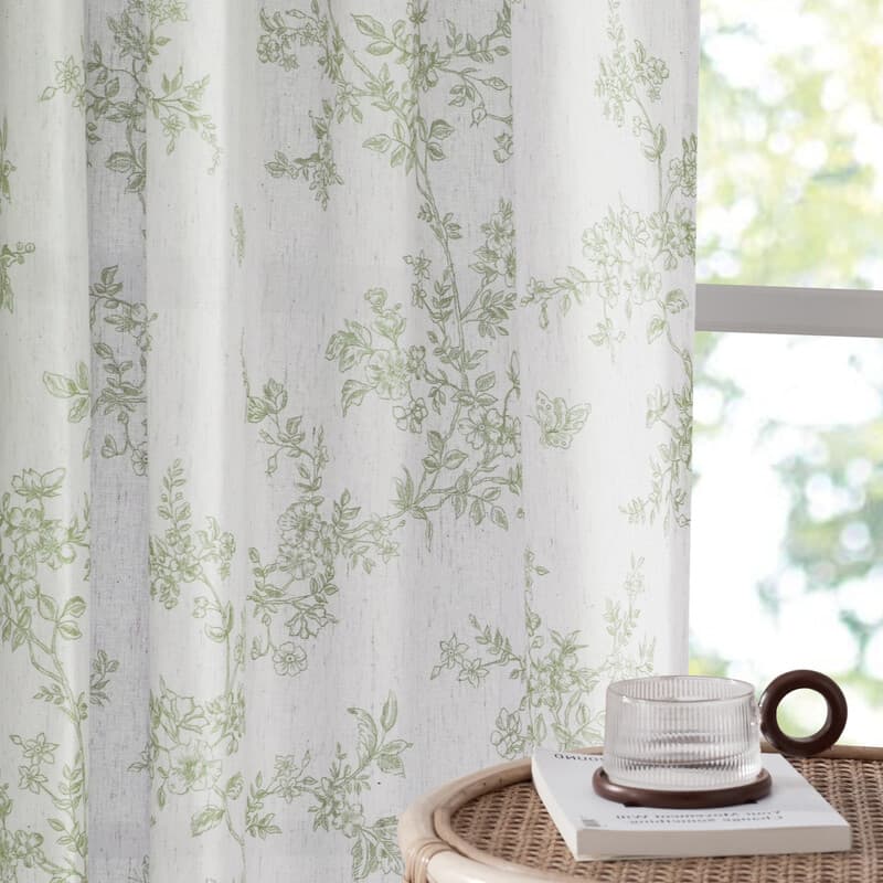 PONY DANCE Bloemen gordijnen voor woonkamer, Semi-transparante linnen gordijnen met botanische wijnstokprint, Achtersteun & stangzak privacy natuurlijke home decor, 2 panelen, B132 x L245 cm, Saliegroen - Afbeelding 1