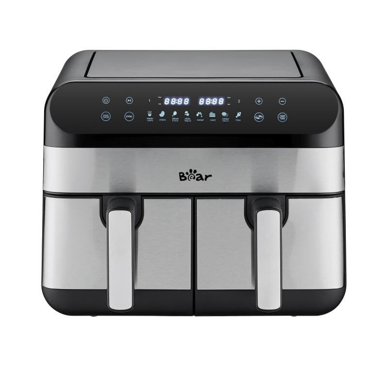 Bear heteluchtfriteuse met dubbele kamer – 9,0 L grote capaciteit, 2400 W vermogen, onafhankelijke temperatuurregeling voor twee mandjes, digitaal aanraakscherm, 8 vooraf ingestelde programma's voor friet, kip, steak, groenten, keukenapparaat voor het gez - Afbeelding 1