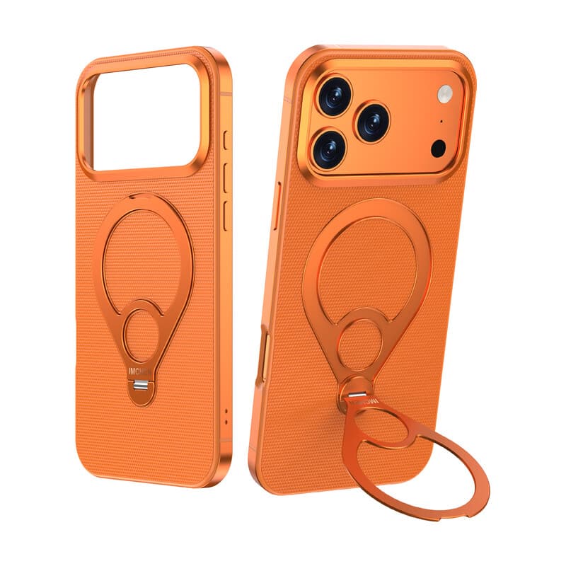 IM-CHEN iPhone 17 Pro / iPhone 18 Pro hoesje, frame van legering, 360° draaibare metalen standaard, premium leren ringhouder, valbescherming, oranje, 1 stuk - Afbeelding 1