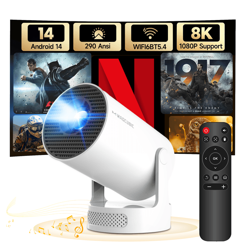 【Lite Entertainment】MAGCUBIC HY300Pro+ mini-projector, 8K 1080P-ondersteuning met WiFi 6 & BT 5.4, Android 14, 290 ANSI lumen helderheid met 5 W Soundbase-speaker, automatische verticale correctie, 180° draaibaar, draagbaar voor thuis & buiten - Afbeelding 1