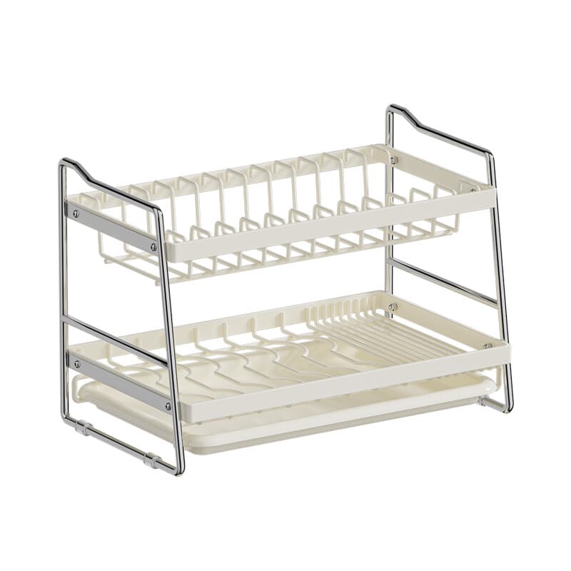 MAXCOOK 2-laags vaatdroogrek keukenorganizer van koolstofstaal en roestvrij staal voor aanrecht met PP-afdruipblad, wit 40*23,6*28,7 cm - Afbeelding 1
