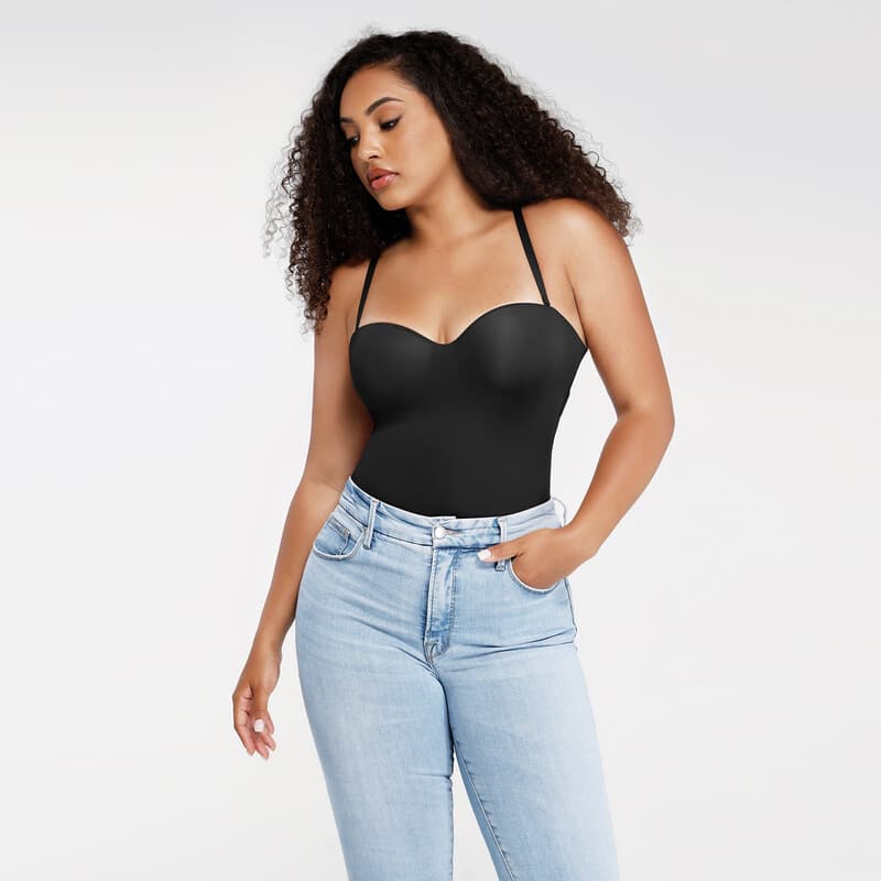 FeelinGirl 1-delige thong-bodysuit met beugel en afneembare schouderbandjes, taille- en buikvormend, maat L, zwart - Afbeelding 1